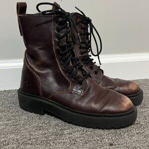Zara Boots Size 36 Women's Distressed Combat Brown Lace Up Mid Calf Side Zip